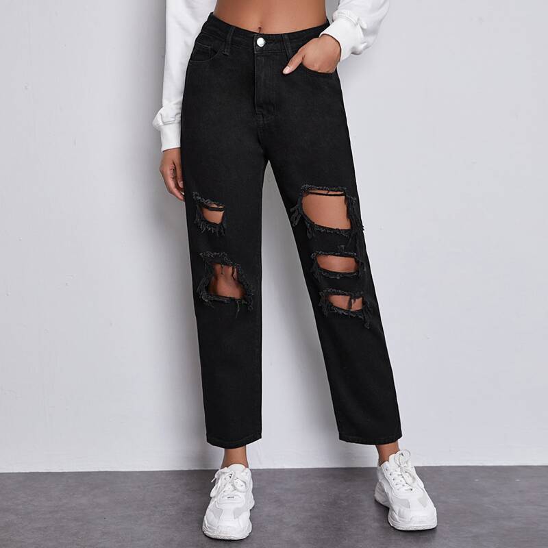 

Slant Pocket Ripped Straight Jeans, Black