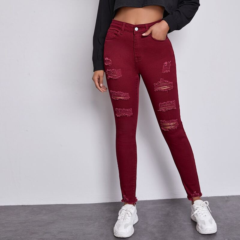 

High-Rise Distressed Skinny Jeans, Burgundy