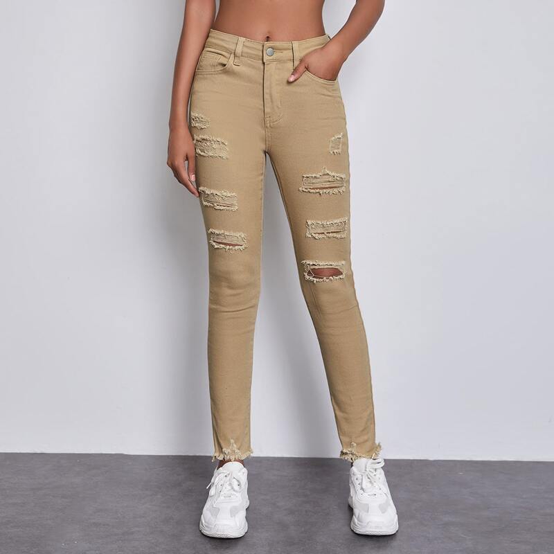 

High-Rise Distressed Skinny Jeans, Khaki