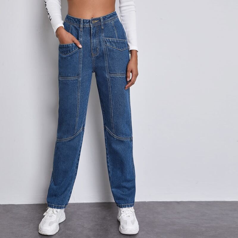 

High Waist Pocket Detail Straight Jeans, Medium wash