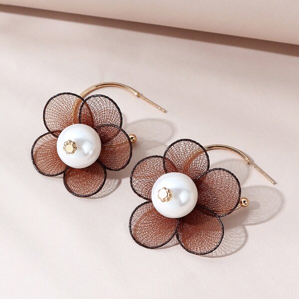 

Faux Pearl Decor Flower Drop Earrings, Coffee brown