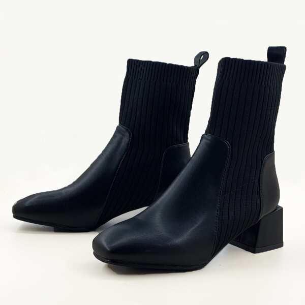 

Square Toe Chunky Heeled Sock Boots, Black