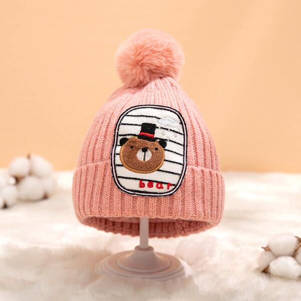 

Toddler Kids Bear Patched Knit Beanie, Baby pink