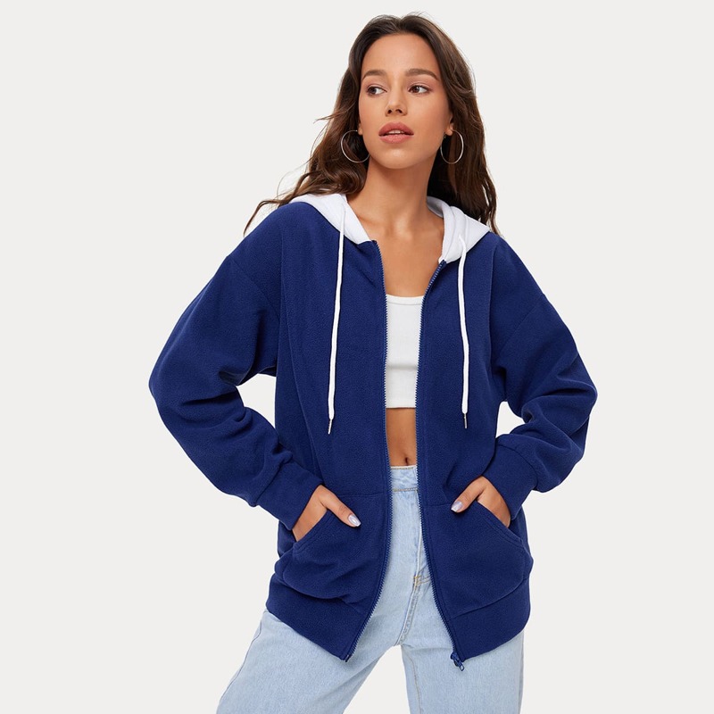

Kangaroo Pocket Drawstring Outerwear, Navy blue