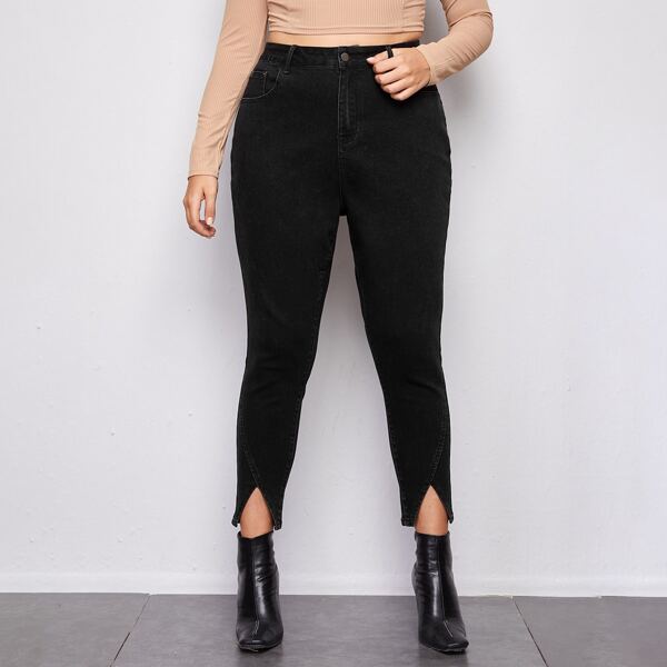 

Plus High Waist Slit Hem Cropped Jeans, Black