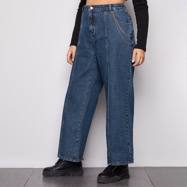 

Plus High Waist Chain Detail Wide Leg Jeans, Dark wash