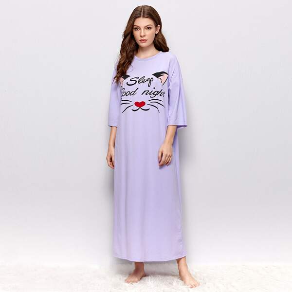 

Drop Shoulder Letter and Cartoon Graphic Nightdress, Lilac purple