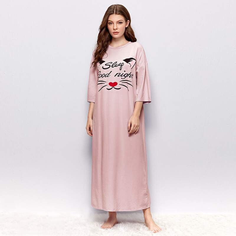 

Drop Shoulder Letter and Cartoon Graphic Nightdress, Baby pink