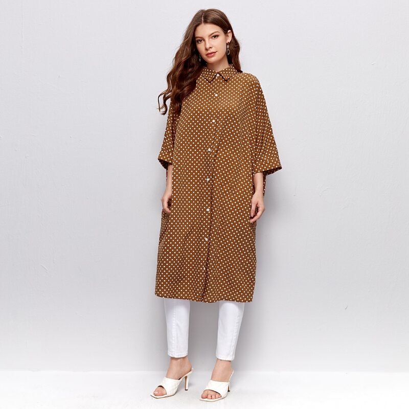 

Polka Dot Dolman Sleeve Longline Blouse, Coffee brown