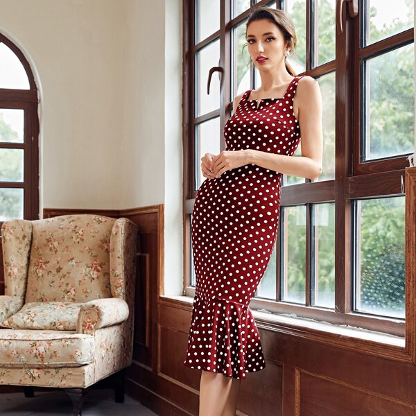 

Polka Dot Mermaid Hem Dress, Red and white