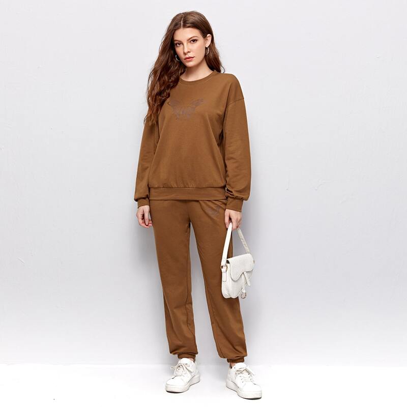 

Butterfly Print Drop Shoulder Sweatshirt and Sweatpants Set, Brown