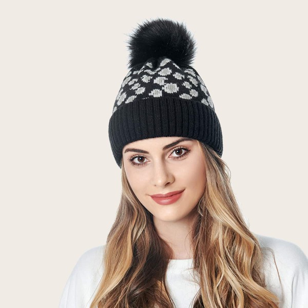 

Pom-pom Decor Beanie, Black and white