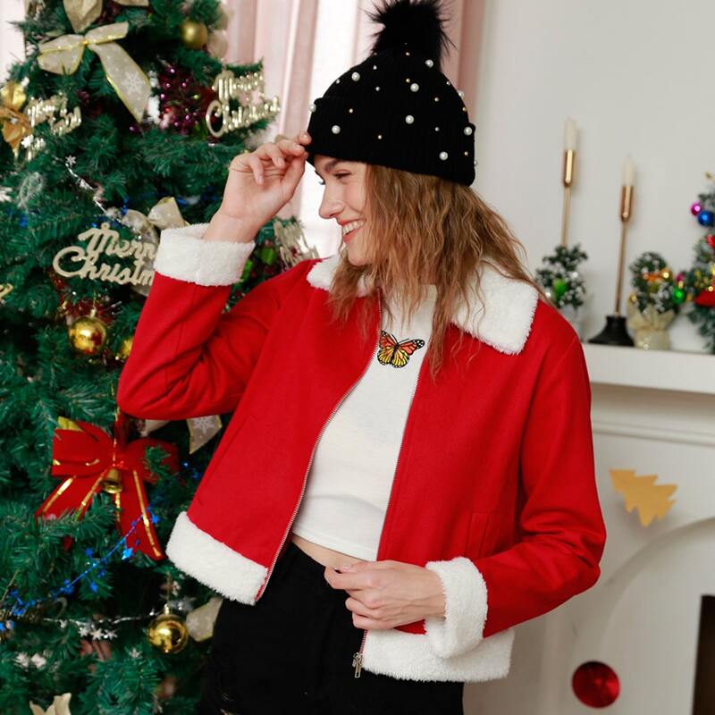 

Christmas Contrast Shearling Zip Up Jacket, Red and white
