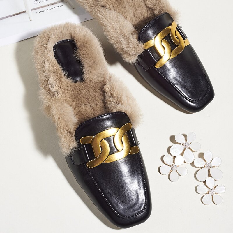 

Metal Decor Flat Mules, Black