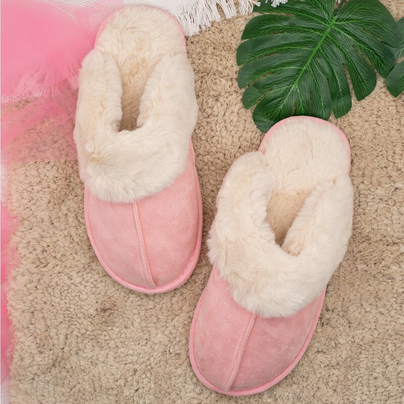 

Round Toe Fur Lined Suede Warm Slippers, Pink
