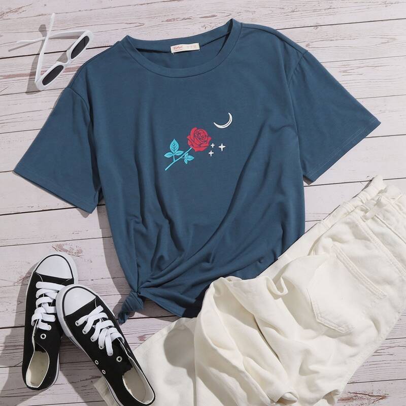 

Moon & Star Flower Graphic Tee, Blue