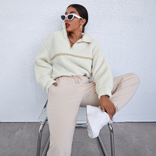 

Drop Shoulder Tipping Front Teddy Sweatshirt, Beige