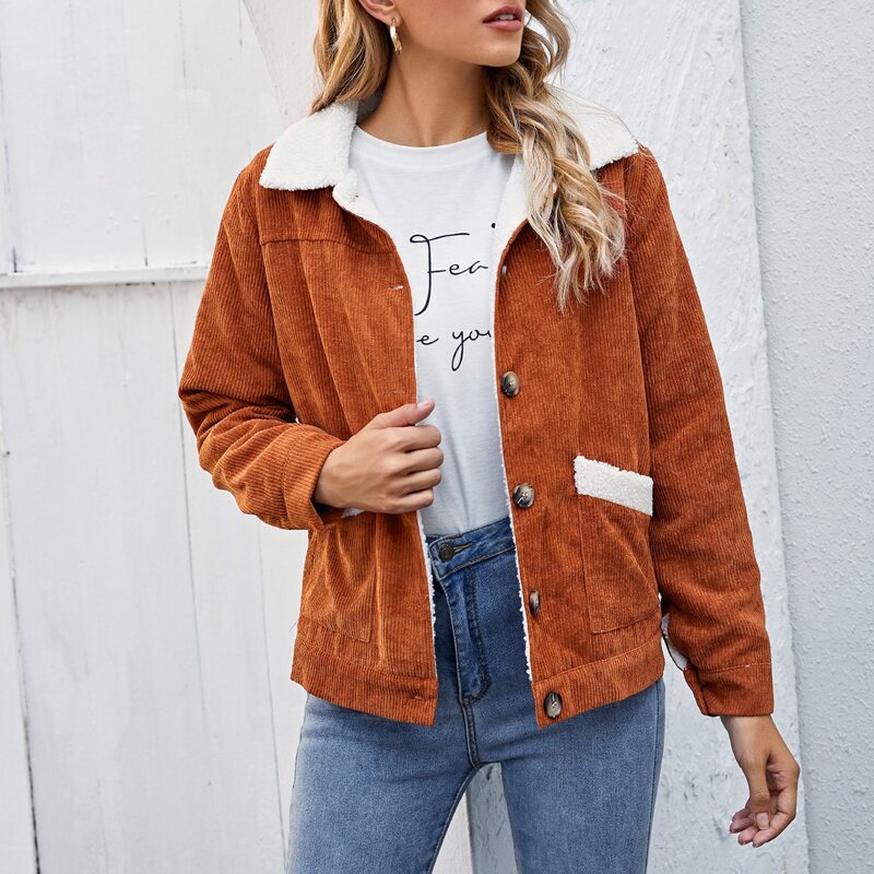 

Contrast Shearling Lining Buttoned Cord Jacket, Burnt orange
