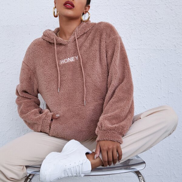 

Letter Embroidery Teddy Hoodie, Dusty pink