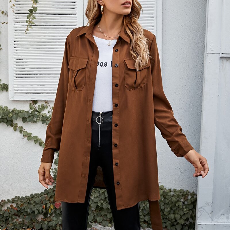 

Single Breasted Flap Pocket Belted Coat, Coffee brown