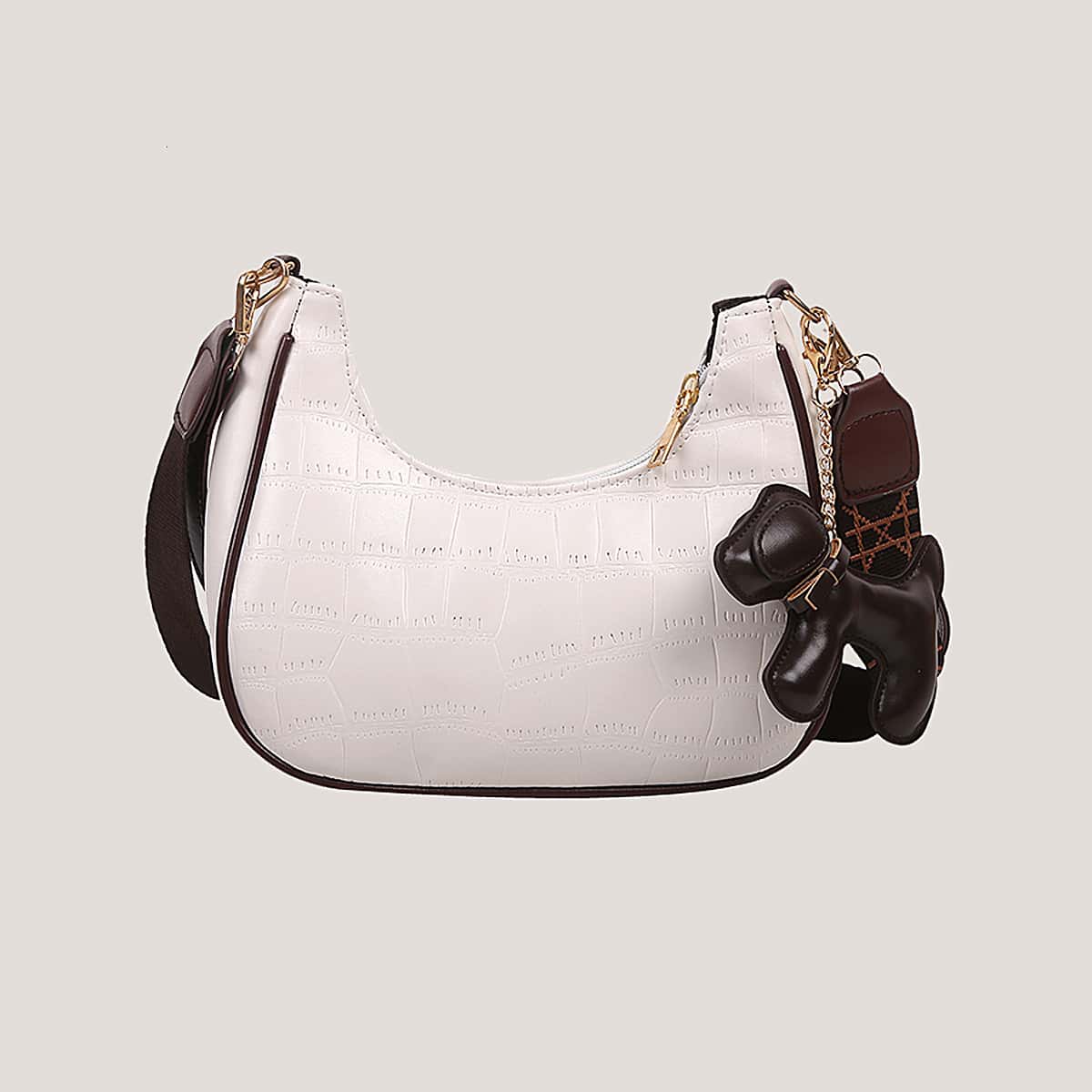 

Croc Embossed Baguette Bag & Bag Charm, Beige