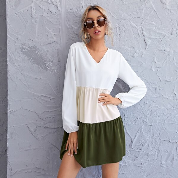 

Lantern Sleeve Color Block Smock Dress, Multicolor