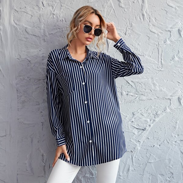 

Drop Shoulder Buttoned Striped Blouse, Navy blue