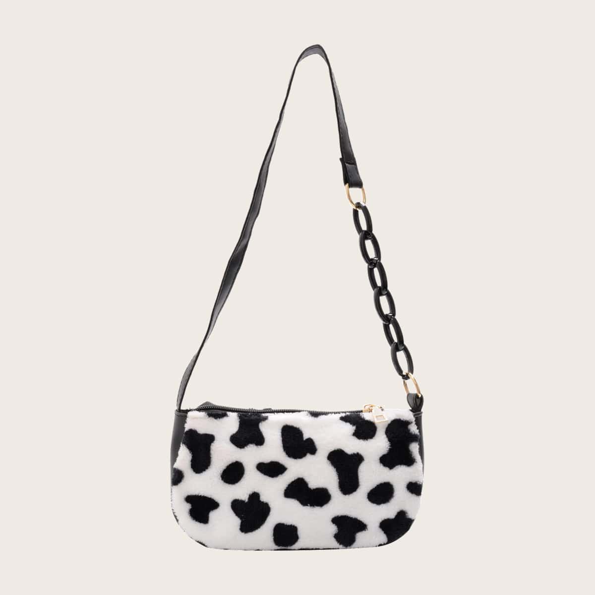 

Cow Print Fluffy Baguette Bag, Black and white