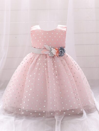 فستان فضفاض شبكي منقّط مزين للفتيات الصغيرات