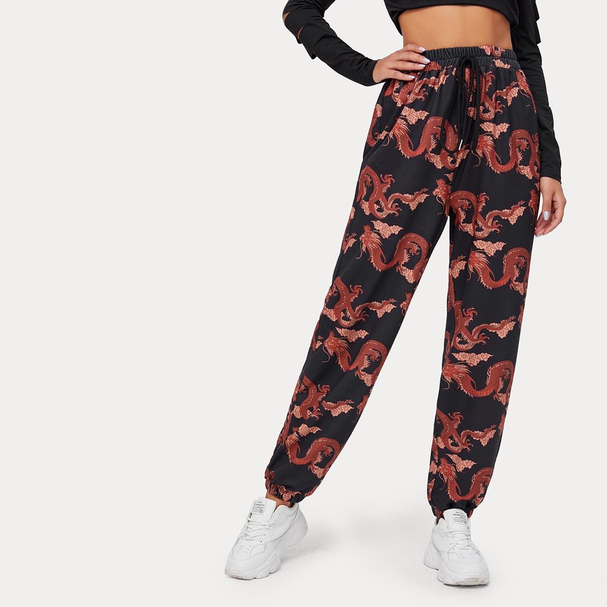 

Allover Chinese Dragon Print Pants, Multicolor