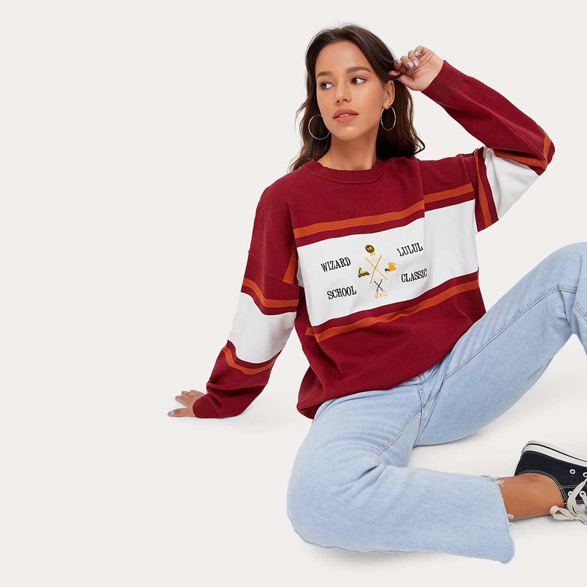 

Letter Pattern Colorblock Oversized Sweater, Multicolor