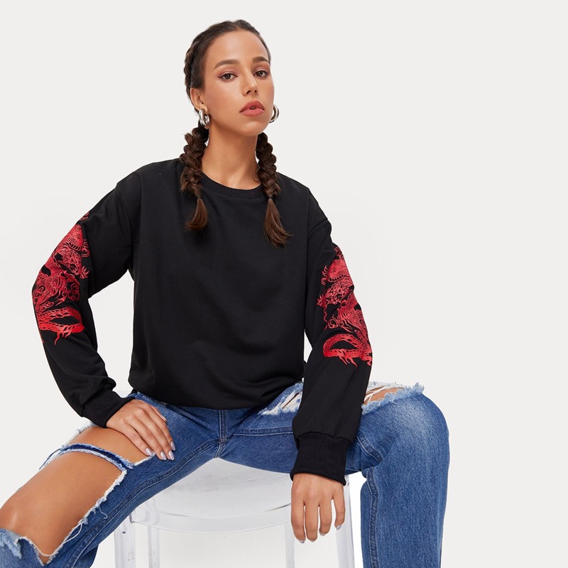 

Chinese Dragon Print Sweatshirt, Black