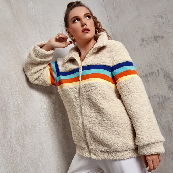 

Plus Rainbow Striped Zip Up Teddy Jacket, Apricot