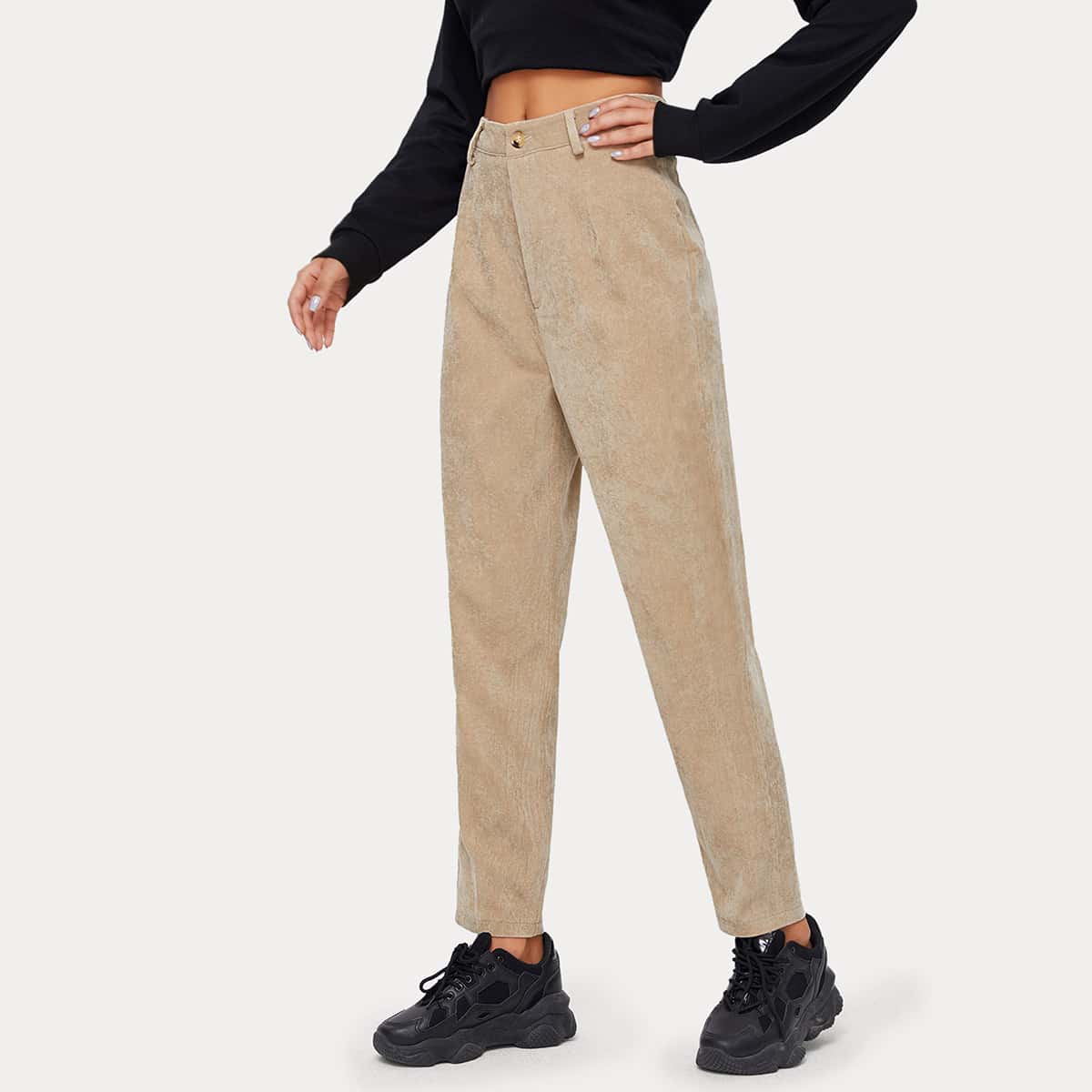 

Button Fly Corduroy Carrot Pants, Khaki