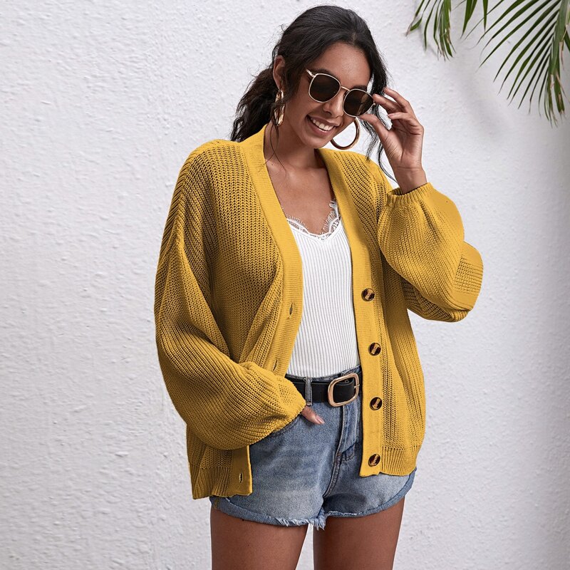 

Button Front Drop Shoulder Oversized Cardigan, Mustard yellow