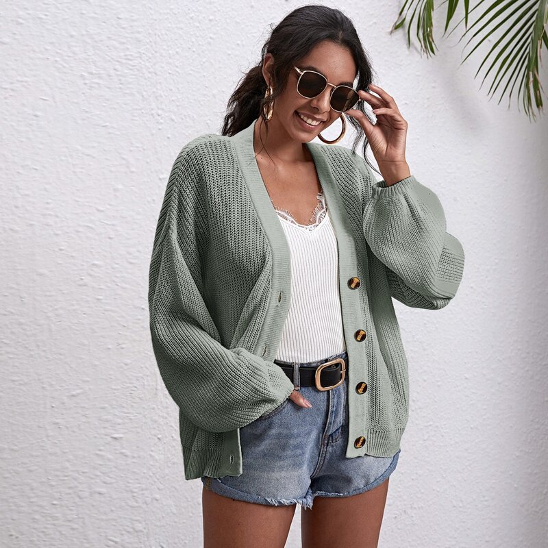 

Button Front Drop Shoulder Oversized Cardigan, Mint green