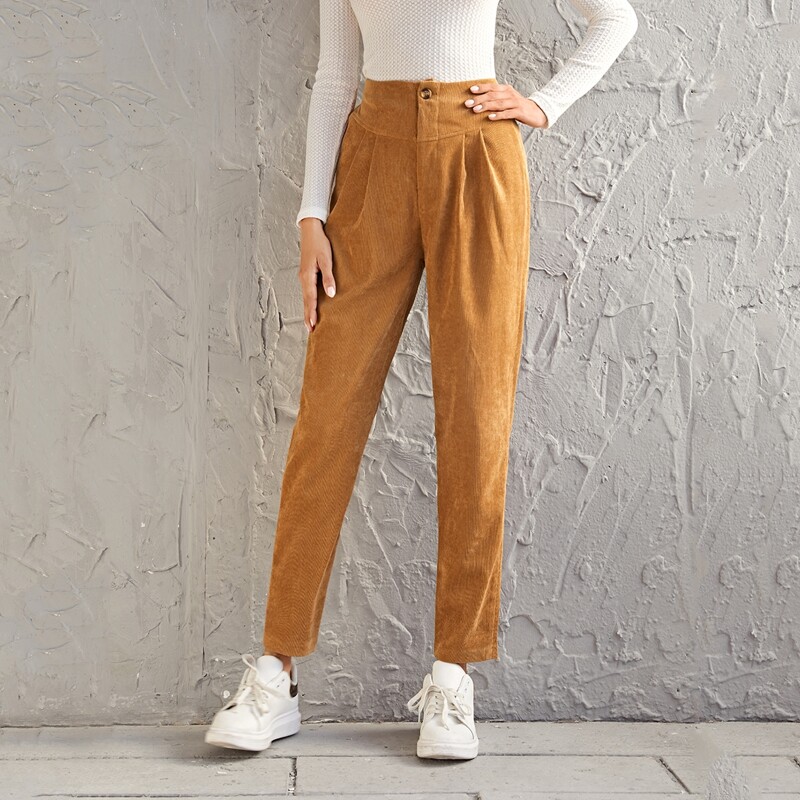 

High Waist Cord Tapered Pants, Brown