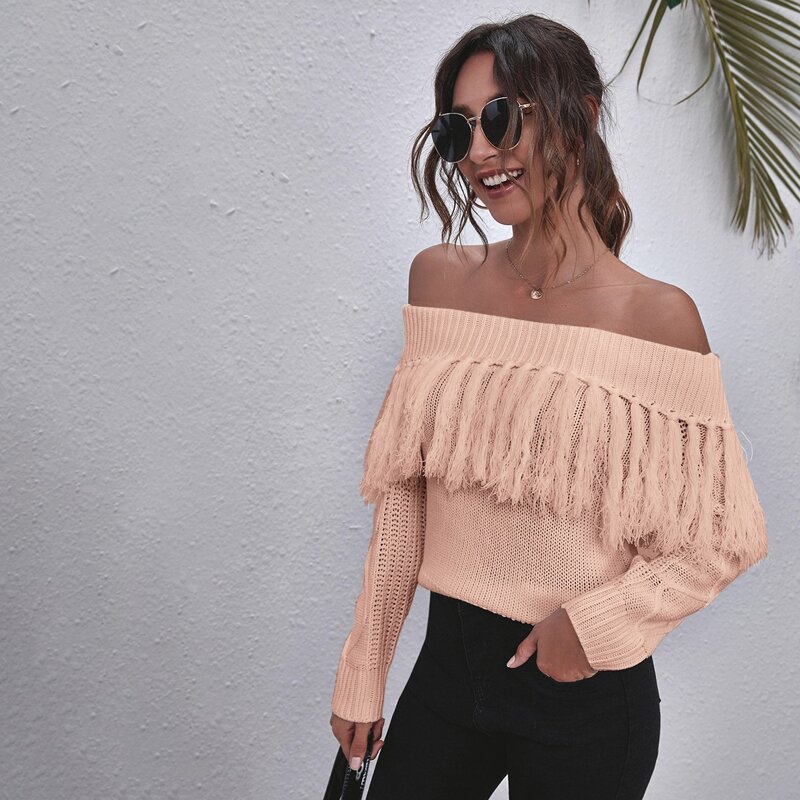 

Off Shoulder Fringe Trim Sweater, Baby pink