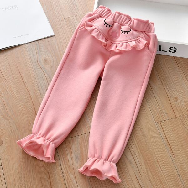 

Toddler Girls Embroidery Ruffle Trim Flare Pants, Pink