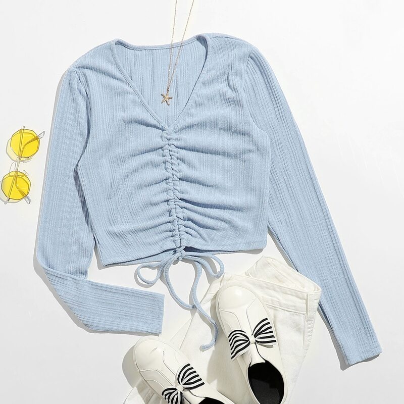 

Drawstring Front Solid Sweater, Baby blue