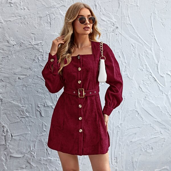 

Button Front Belted Cord Dress, Burgundy