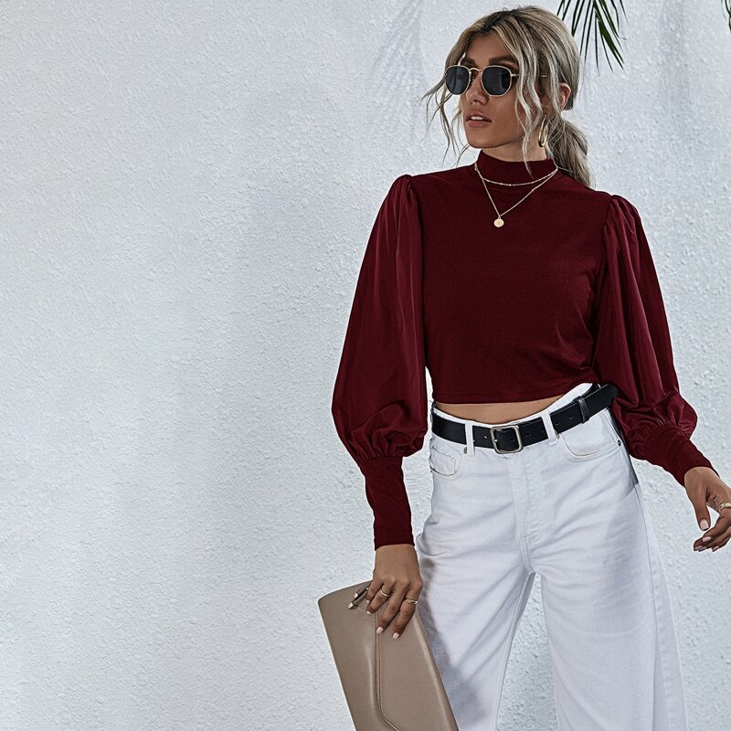 

Mock Neck Lantern Sleeve Crop Top, Maroon