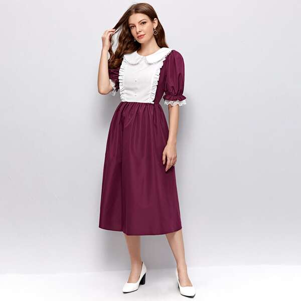 

Peter-pan-collar Lace Trim Puff Sleeve Two Tone Dress, Maroon