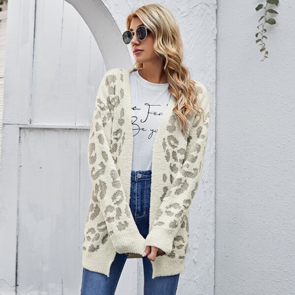 

Open Front Drop Shoulder Leopard Cardigan, Beige