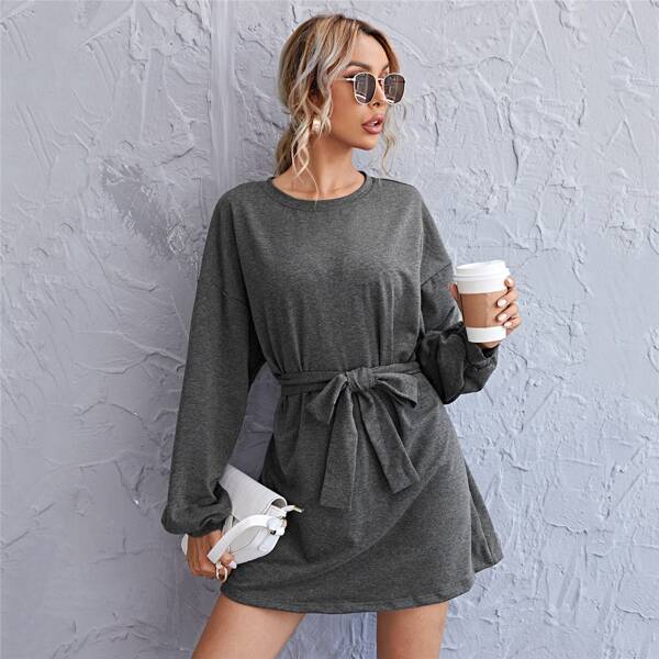 

Drop Shoulder Self Belted Oversized Dress, Dark grey