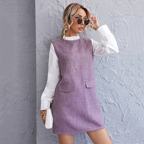

Frilled Neckline Color Block Tweed Dress, Purple