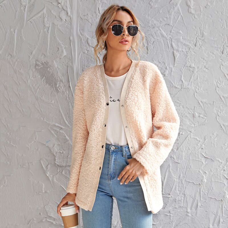 

Press Button Front Teddy Coat, Apricot