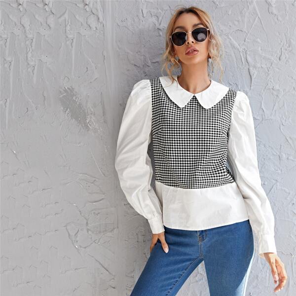 

Peter Pan Collar Puff Sleeve Gingham Top, Black and white