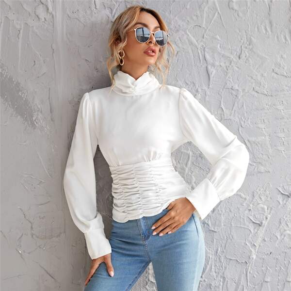 

Mock-Neck Ruched Top, White