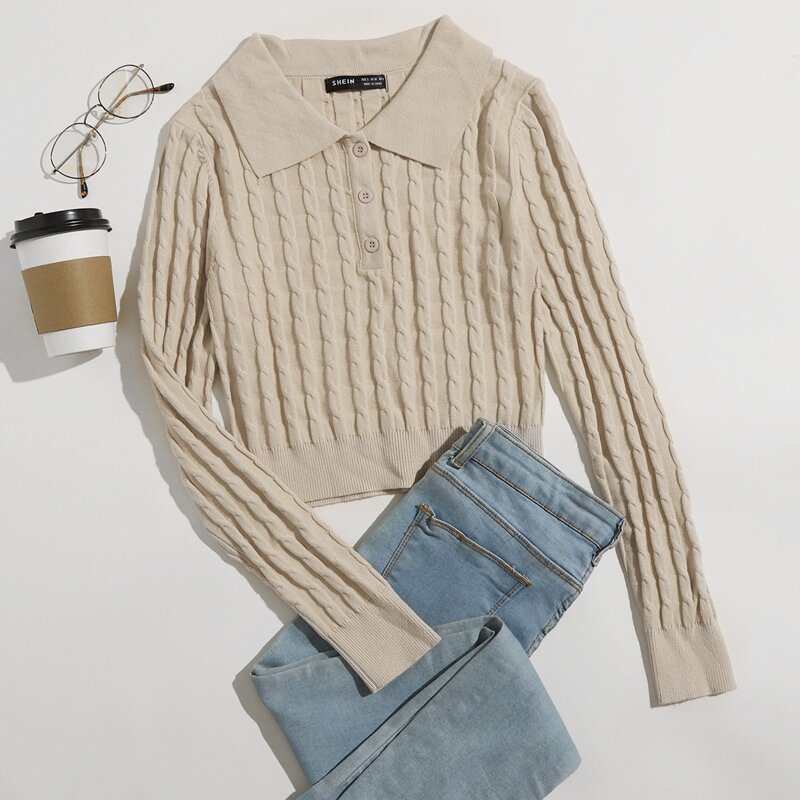 

Button Half Placket Cable Knit Sweater, Beige